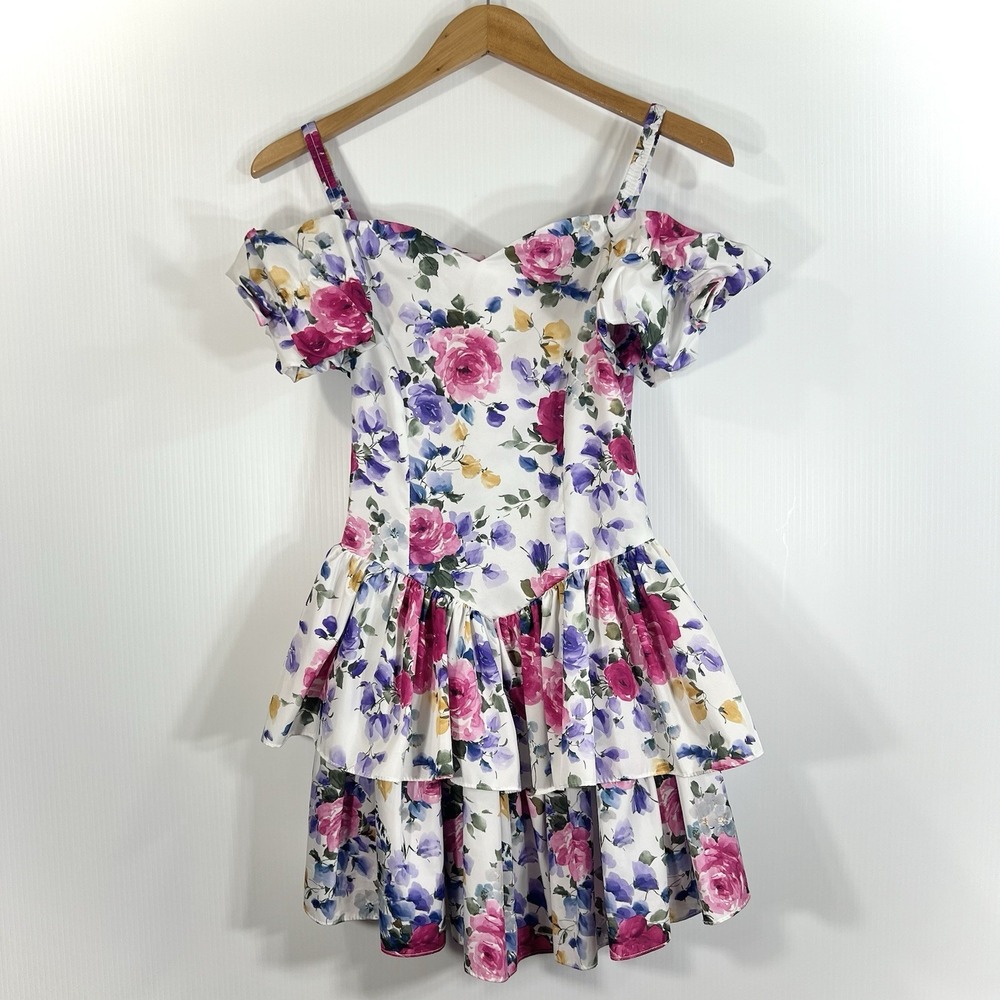Vintage 90s Amy Too Party Dress Girls 12 Puff Sleeve Floral Ruffle Cottagecore